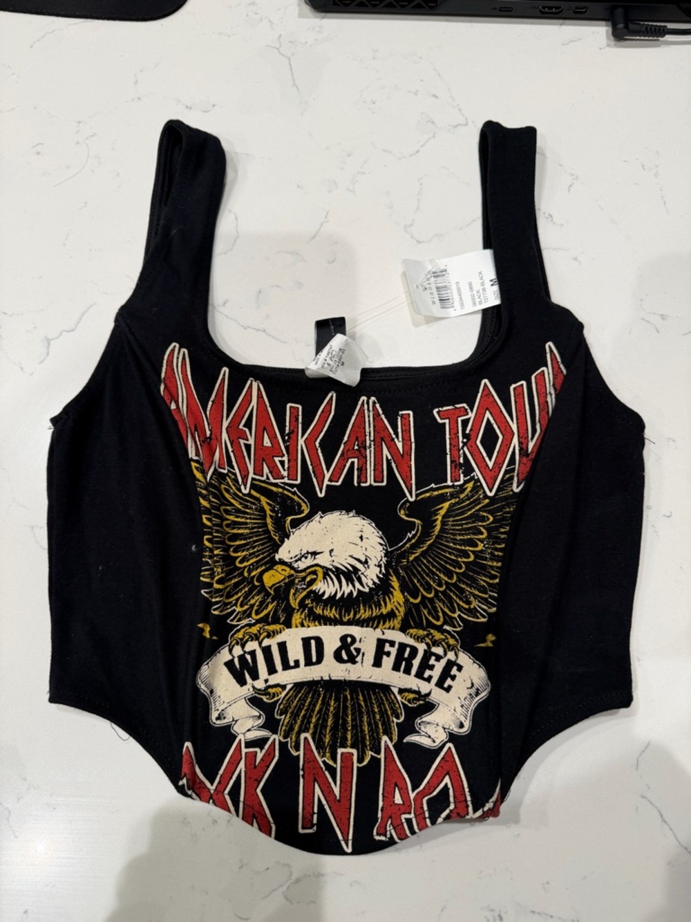 Windsor Black Graphic Eagle Crop Top with Red and Cream Accents